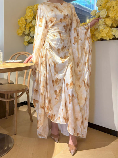 Elegant Long Dress with Yellow Floral Print and Drawstring Straps