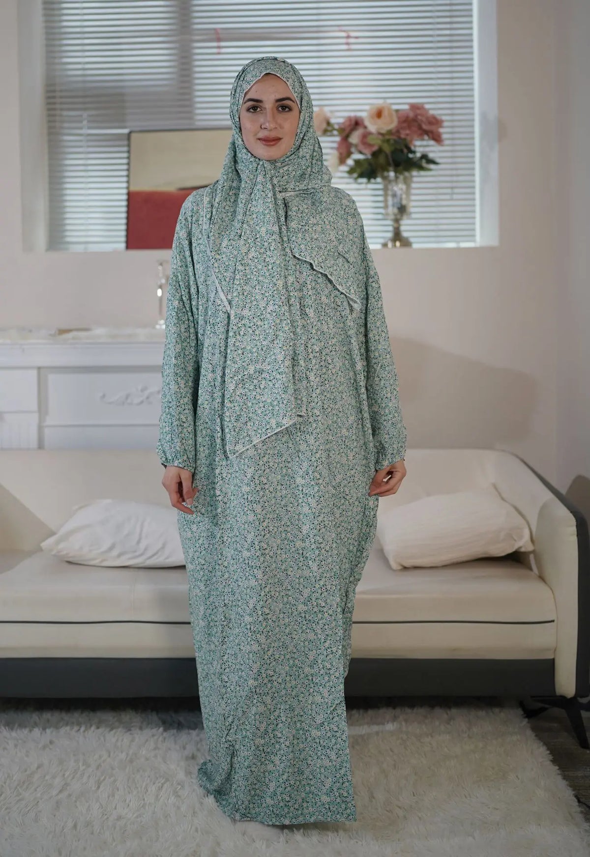 Sage Green Floral Prayer Abaya Set – Women's Muslim Prayer Dress