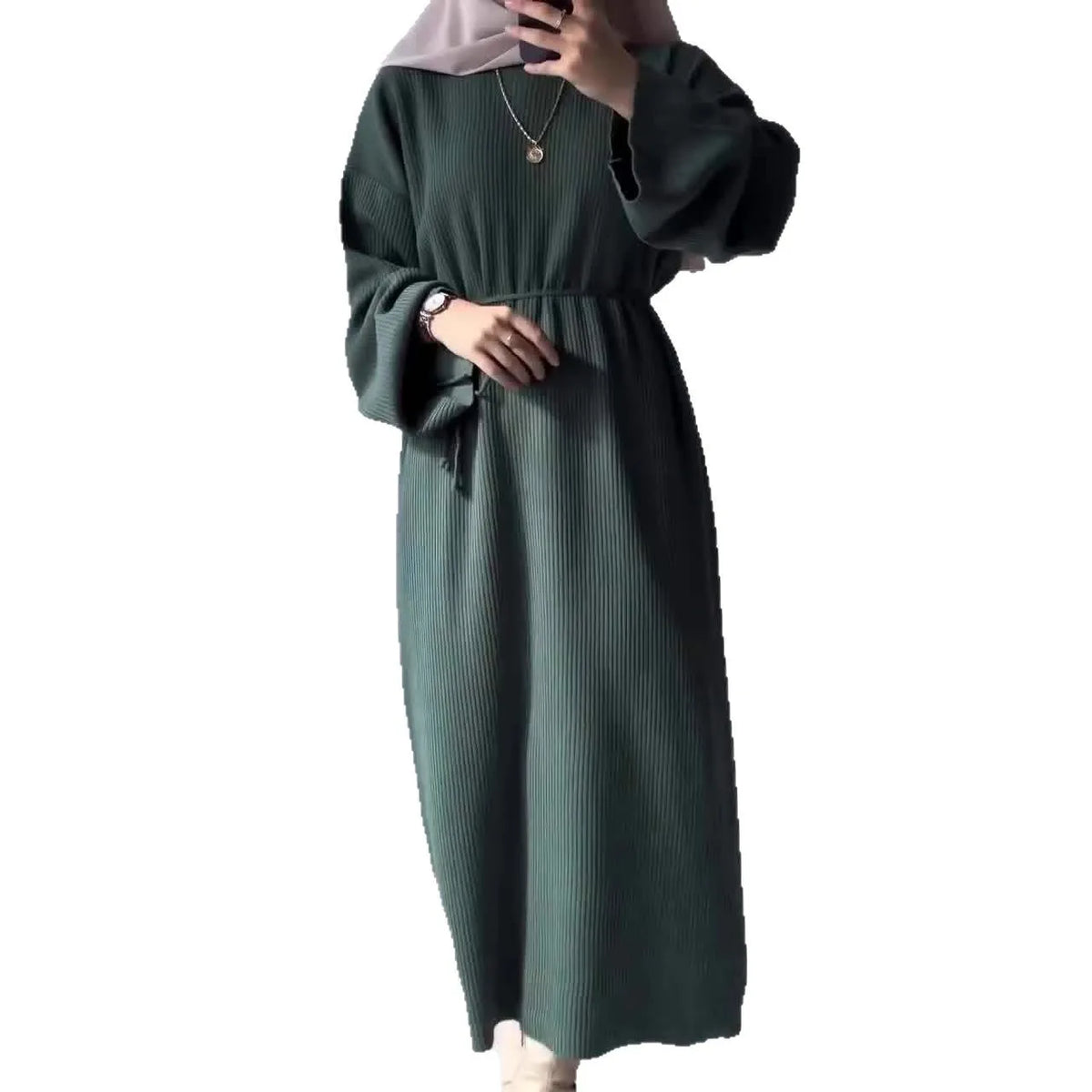 Women's Winter Ribbed Abaya Dress – Sage Green Modest Maxi Dress