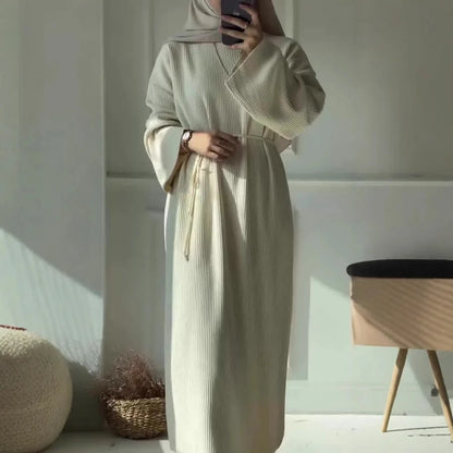 Women's Winter Ribbed Abaya Dress – Sage Green Modest Maxi Dress