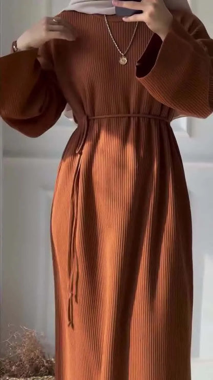 Women's Winter Ribbed Abaya Dress – Sage Green Modest Maxi Dress