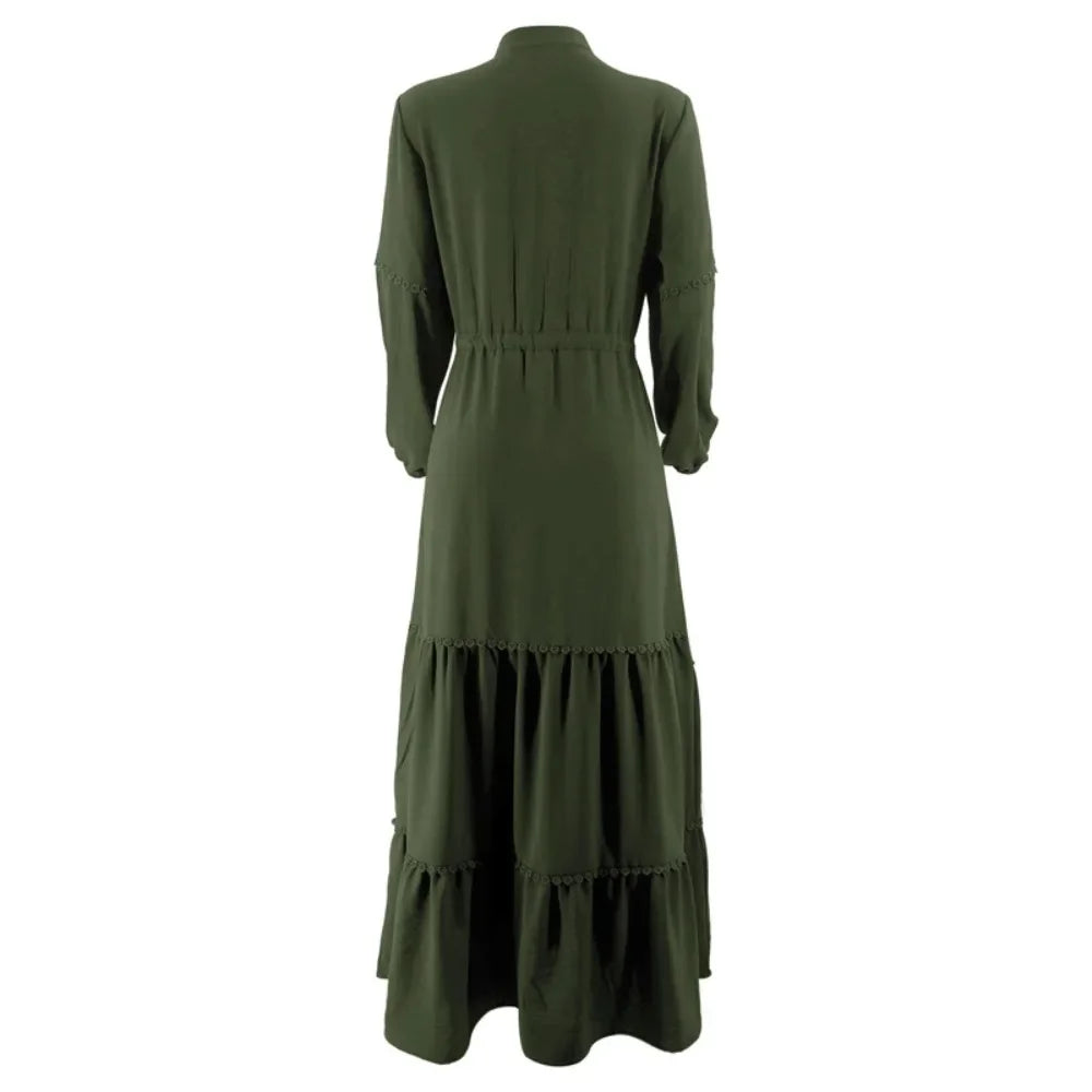 Elegant Olive Green Abaya Dress with Belt – Modest Long Sleeve Maxi Dress