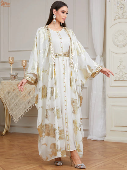 Premium Two-Piece Abaya Dress | Gold Dubai Kaftan with Batwing Sleeves & Tassel Trim