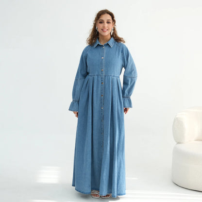Women's Blue Denim Abaya Dress – Button-Front Modest Maxi Dress