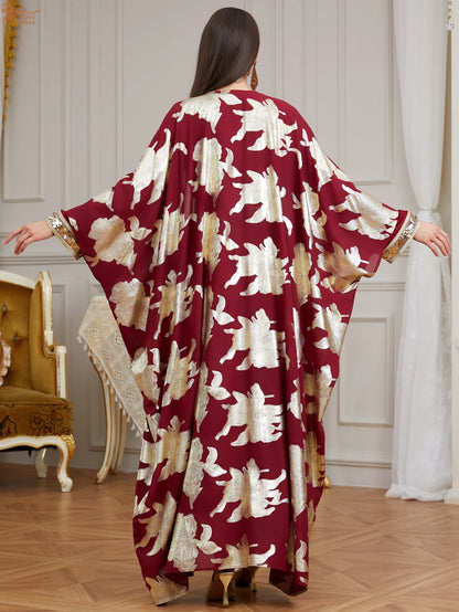 Premium Two-Piece Abaya Dress | Gold Dubai Kaftan with Batwing Sleeves & Tassel Trim
