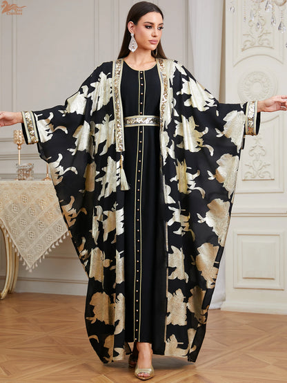 Premium Two-Piece Abaya Dress | Gold Dubai Kaftan with Batwing Sleeves & Tassel Trim