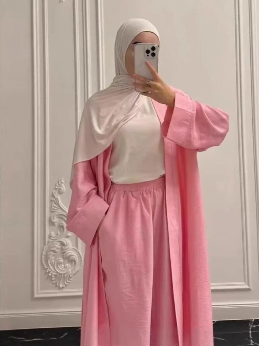 Elegant 2-Piece Abaya Set for Women | Modest Muslim Outfit | Long Cardigan & Wide-Leg Pants