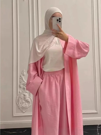 Elegant 2-Piece Abaya Set for Women | Modest Muslim Outfit | Long Cardigan & Wide-Leg Pants