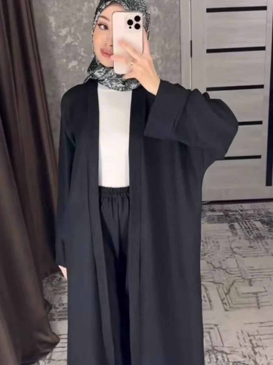 Elegant 2-Piece Abaya Set for Women | Modest Muslim Outfit | Long Cardigan & Wide-Leg Pants