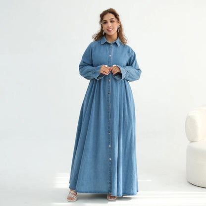 Women's Blue Denim Abaya Dress – Button-Front Modest Maxi Dress