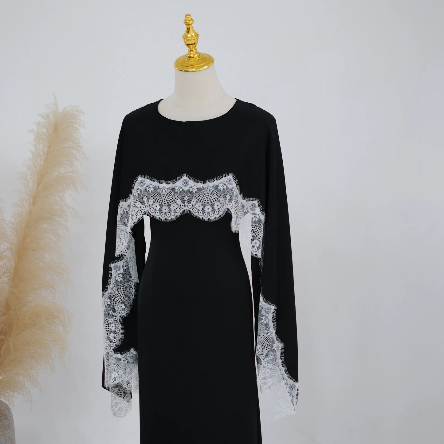 Elegant Lace Trim Modest Maxi Dress
