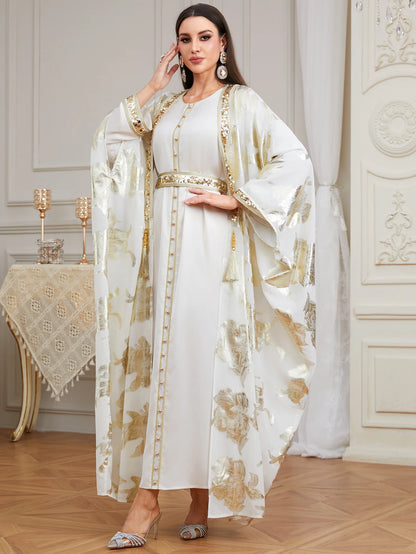 Premium Two-Piece Abaya Dress | Gold Dubai Kaftan with Batwing Sleeves & Tassel Trim