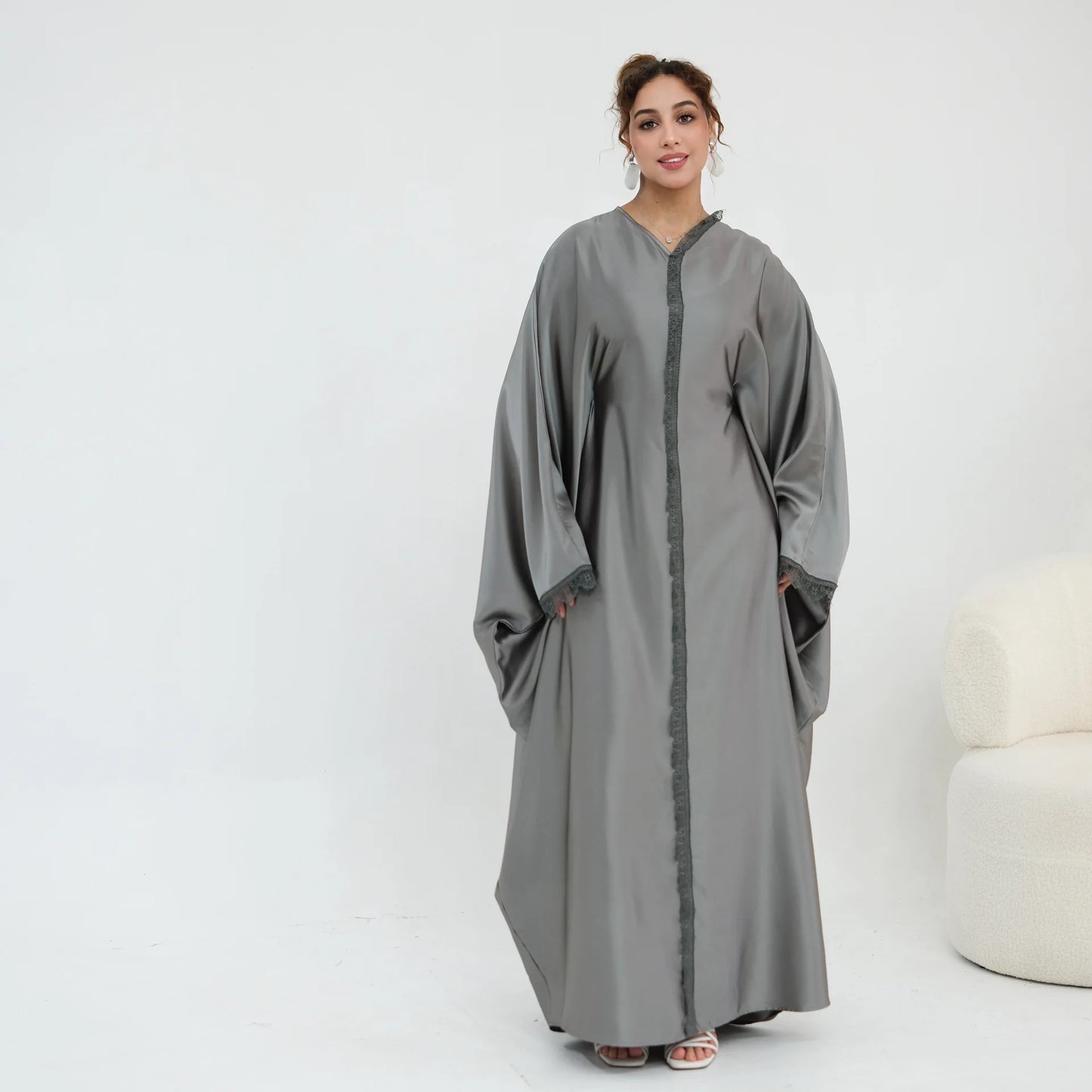 Luxury Satin Lace Trim Abaya