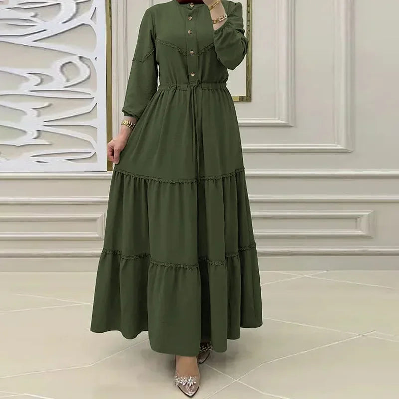 Elegant Olive Green Abaya Dress with Belt – Modest Long Sleeve Maxi Dress