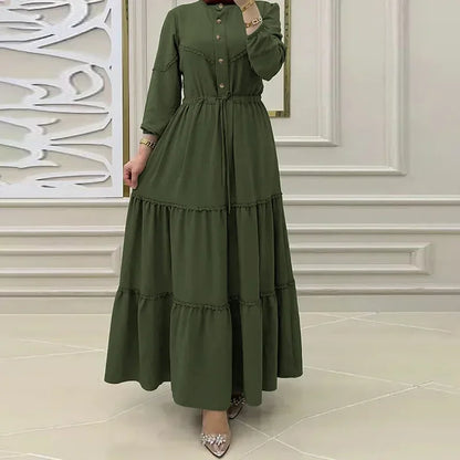 Elegant Olive Green Abaya Dress with Belt – Modest Long Sleeve Maxi Dress