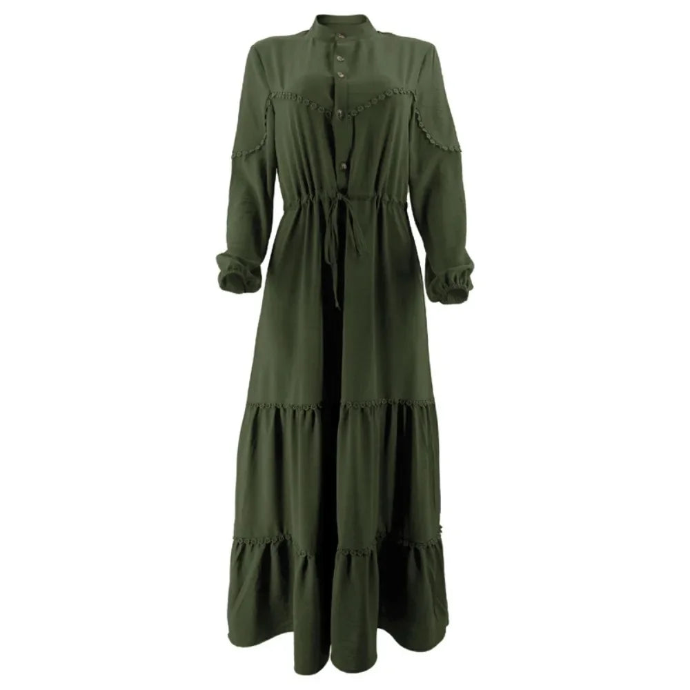 Elegant Olive Green Abaya Dress with Belt – Modest Long Sleeve Maxi Dress