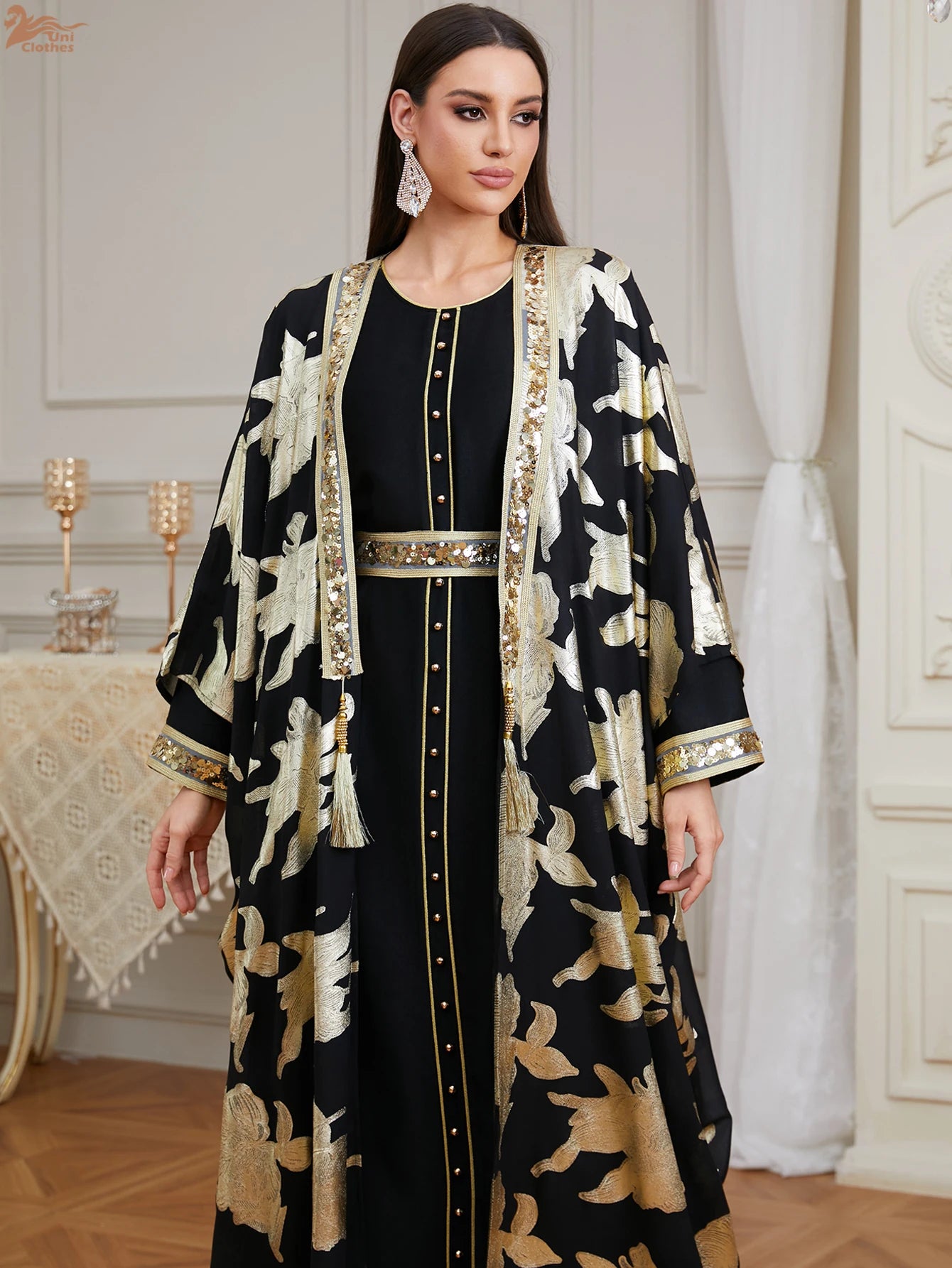 Premium Two-Piece Abaya Dress | Gold Dubai Kaftan with Batwing Sleeves & Tassel Trim