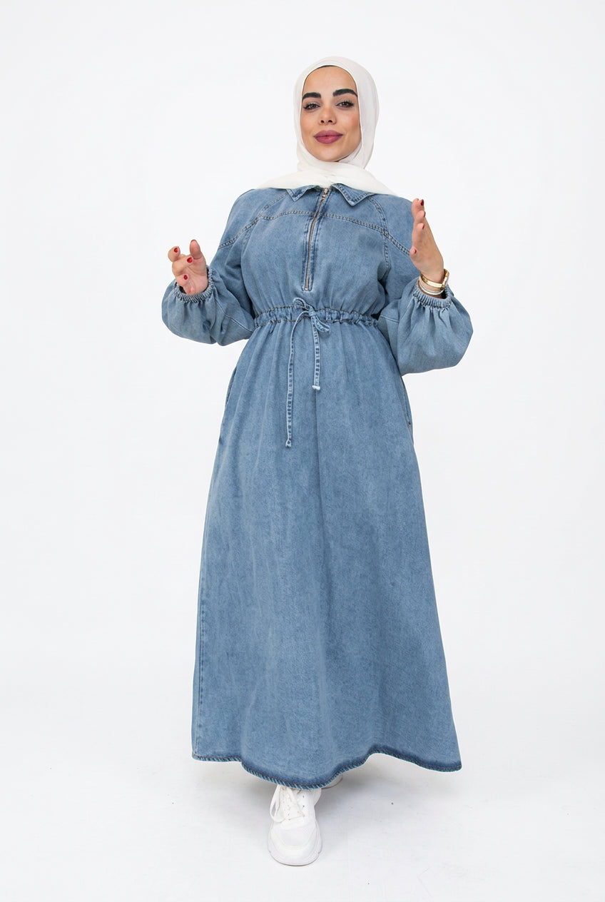 Blue Denim Zipper Abaya Dress – Modest Islamic Maxi Dress