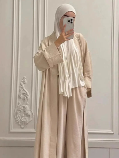 Elegant 2-Piece Abaya Set for Women | Modest Muslim Outfit | Long Cardigan & Wide-Leg Pants