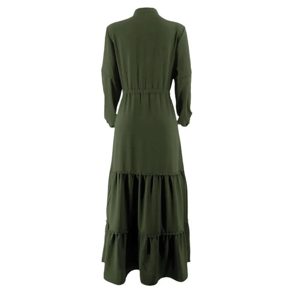 Elegant Olive Green Abaya Dress with Belt – Modest Long Sleeve Maxi Dress