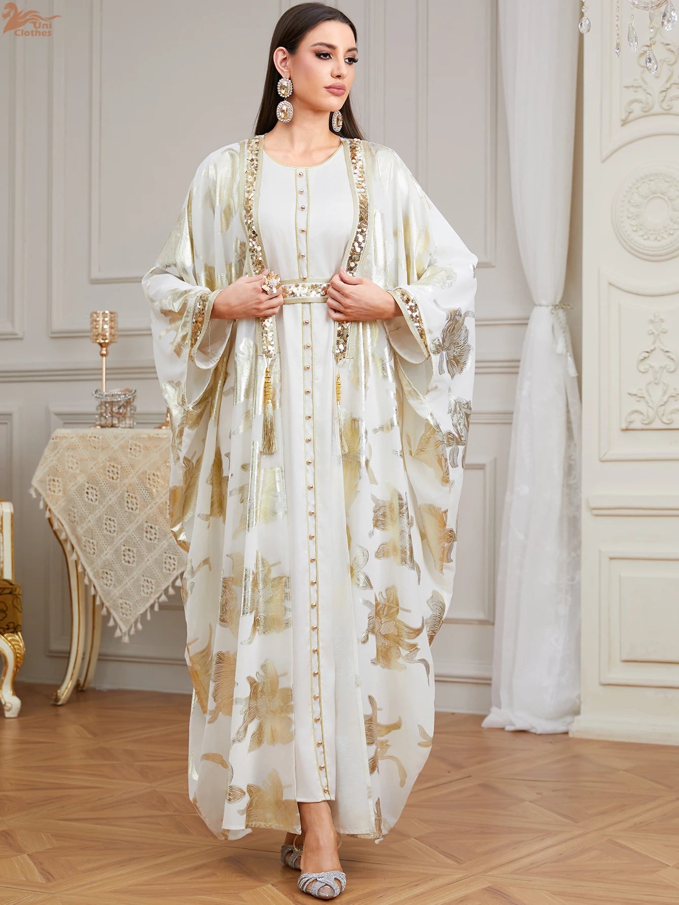 Premium Two-Piece Abaya Dress | Gold Dubai Kaftan with Batwing Sleeves & Tassel Trim