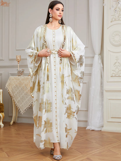 Premium Two-Piece Abaya Dress | Gold Dubai Kaftan with Batwing Sleeves & Tassel Trim