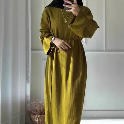 Women's Winter Ribbed Abaya Dress – Sage Green Modest Maxi Dress