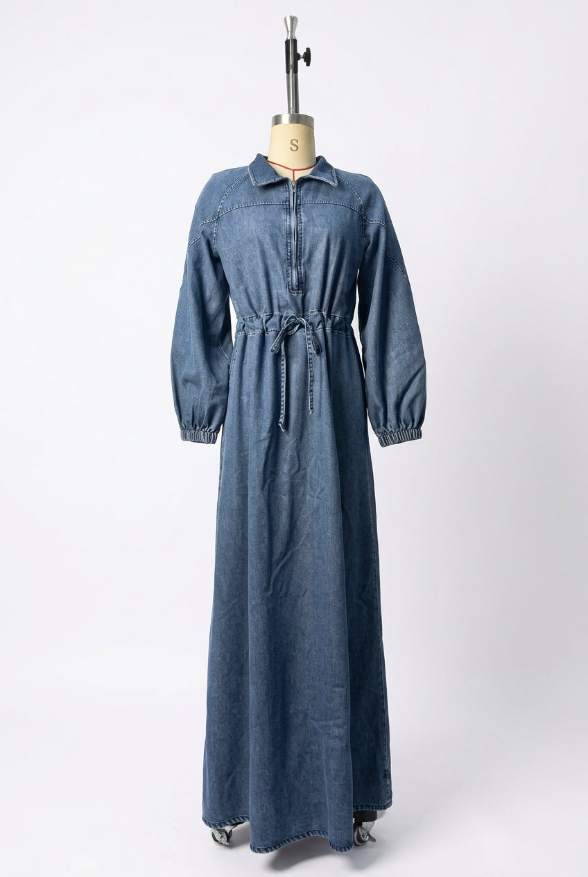 Blue Denim Zipper Abaya Dress – Modest Islamic Maxi Dress