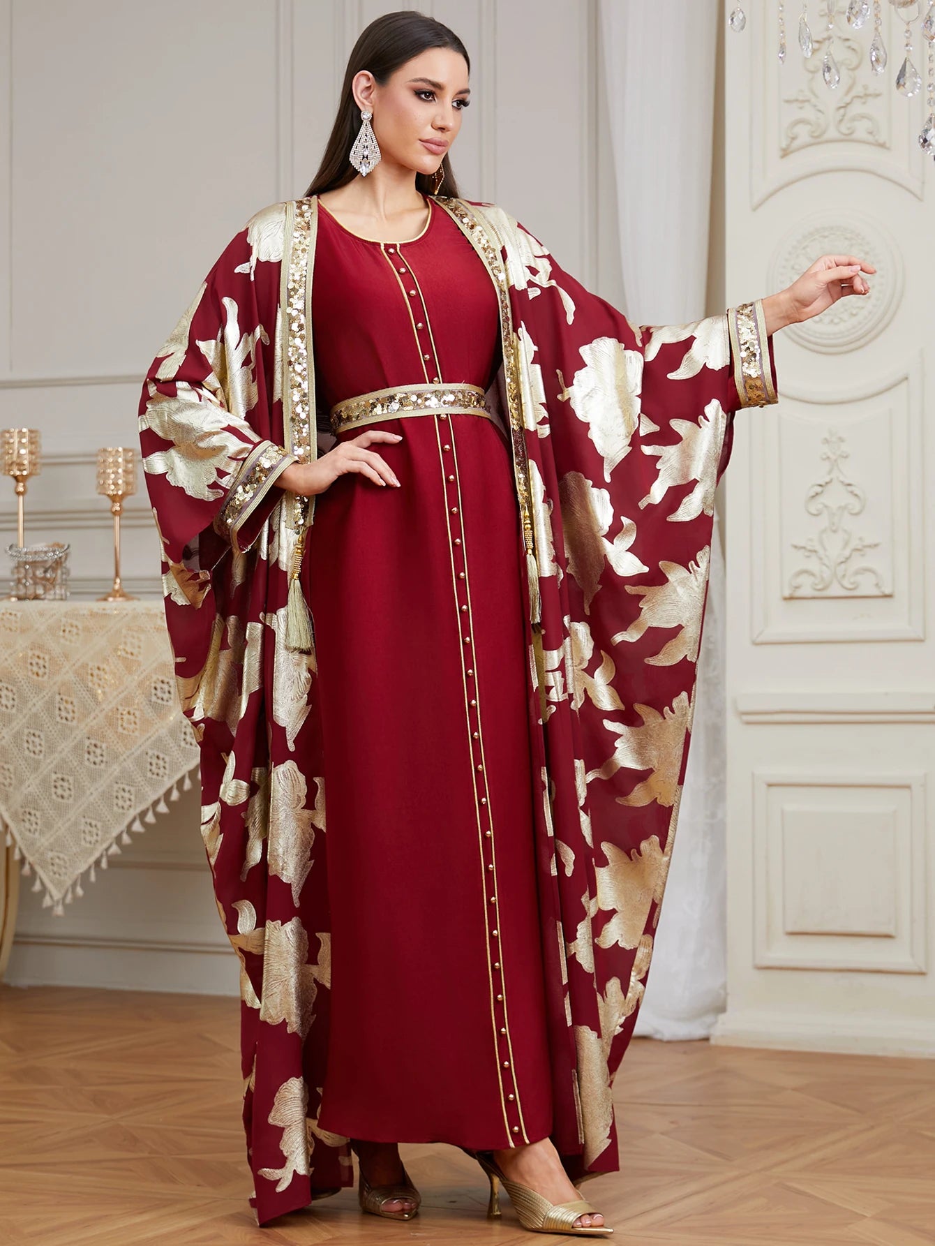 Premium Two-Piece Abaya Dress | Gold Dubai Kaftan with Batwing Sleeves & Tassel Trim