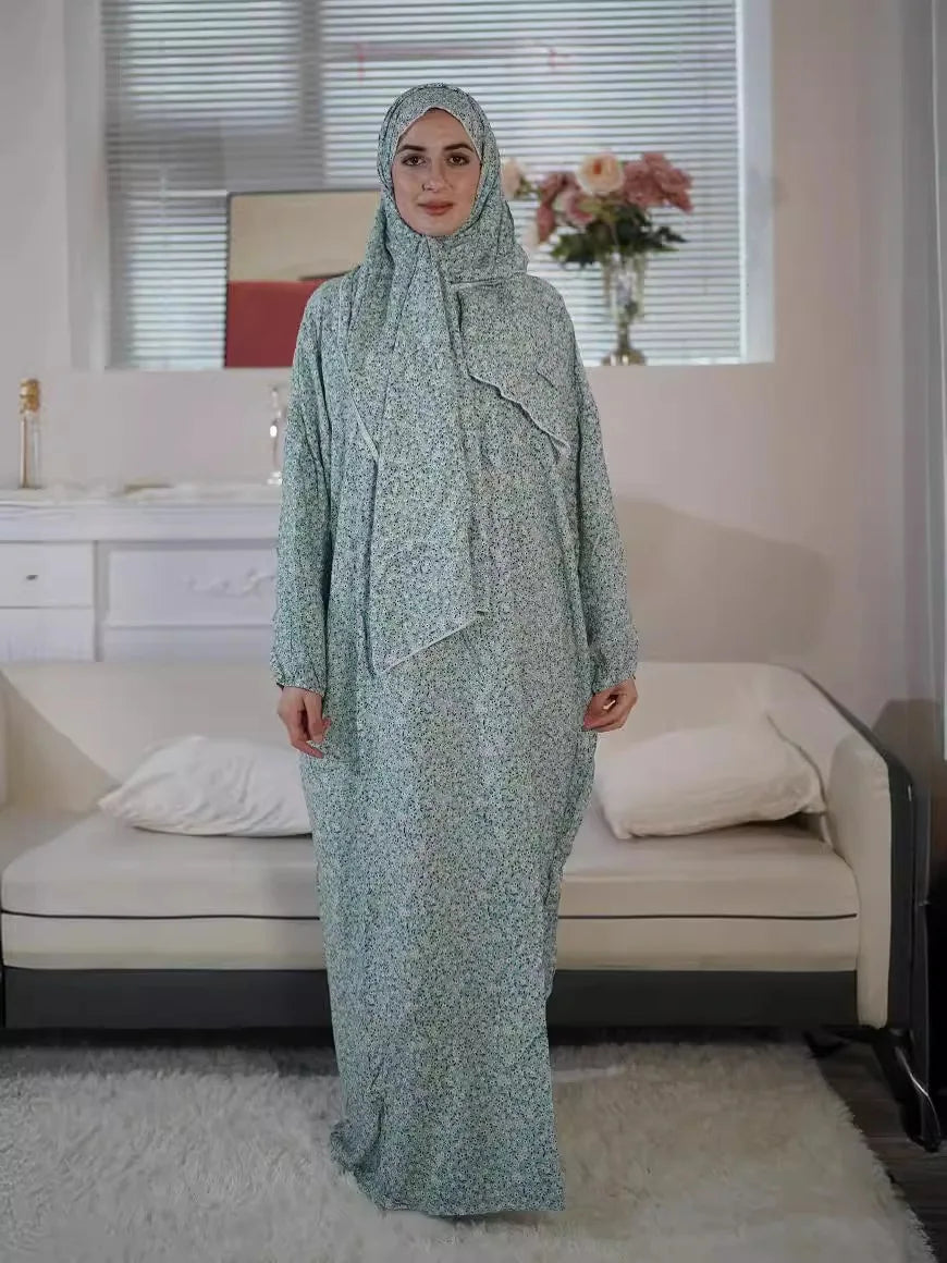 Sage Green Floral Prayer Abaya Set – Women's Muslim Prayer Dress