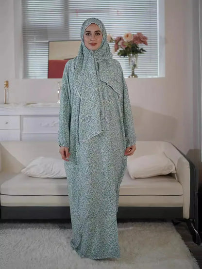 Sage Green Floral Prayer Abaya Set – Women's Muslim Prayer Dress