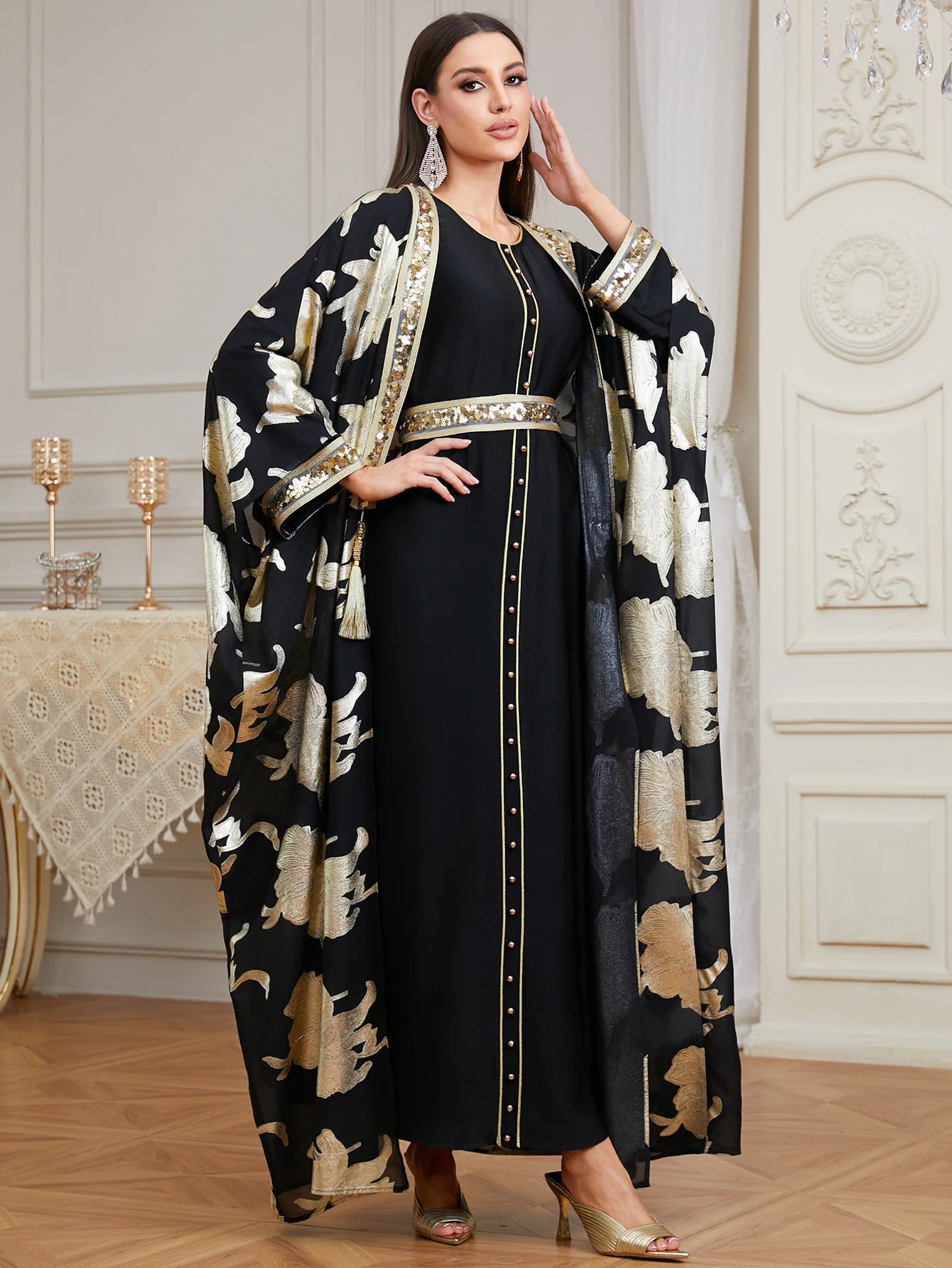 Premium Two-Piece Abaya Dress | Gold Dubai Kaftan with Batwing Sleeves & Tassel Trim