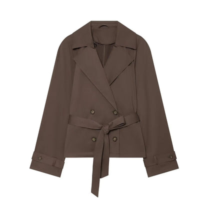 Women's Short Trench Coat – Double-Breasted Belted Jacket
