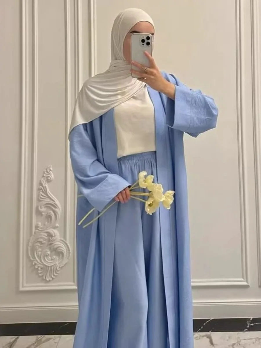 Elegant 2-Piece Abaya Set for Women | Modest Muslim Outfit | Long Cardigan & Wide-Leg Pants