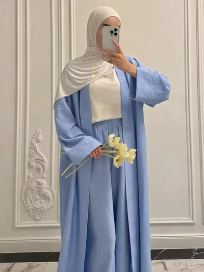 Elegant 2-Piece Abaya Set for Women | Modest Muslim Outfit | Long Cardigan & Wide-Leg Pants