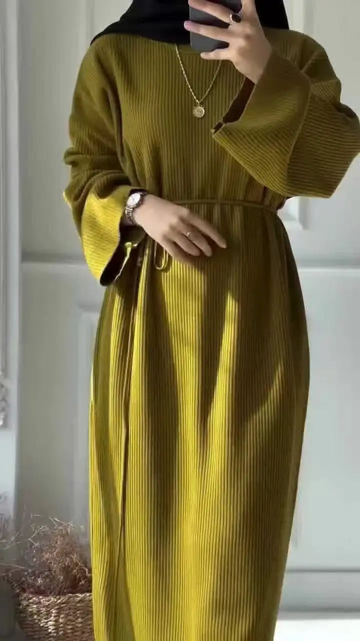 Women's Winter Ribbed Abaya Dress – Sage Green Modest Maxi Dress