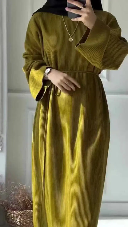 Women's Winter Ribbed Abaya Dress – Sage Green Modest Maxi Dress