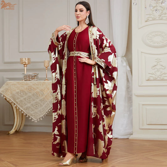 Premium Two-Piece Abaya Dress | Gold Dubai Kaftan with Batwing Sleeves & Tassel Trim