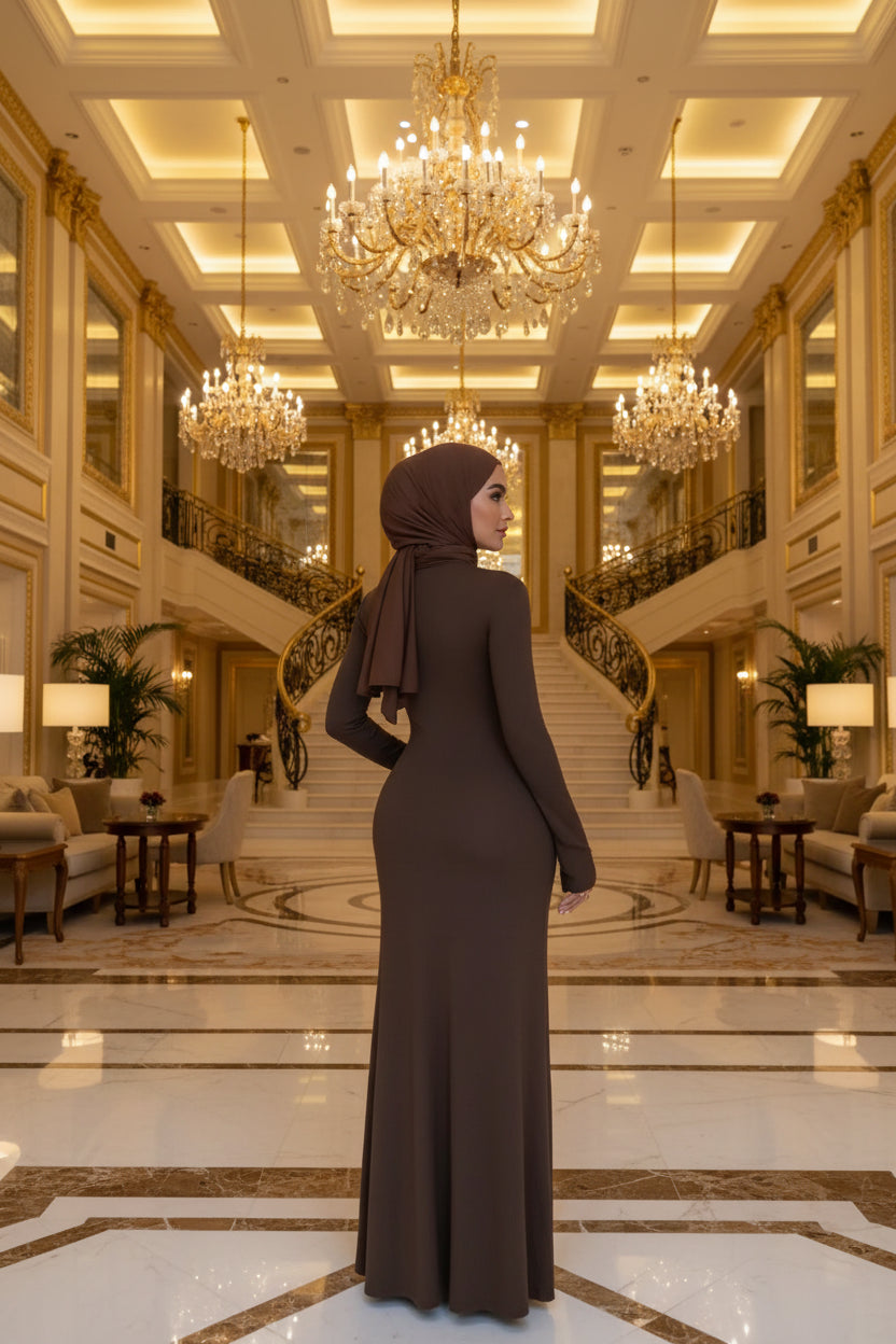 A woman wearing a long-sleeve, floor-length brown dress, shown from the back in a bright indoor room with a white chair, lamp, and white door.