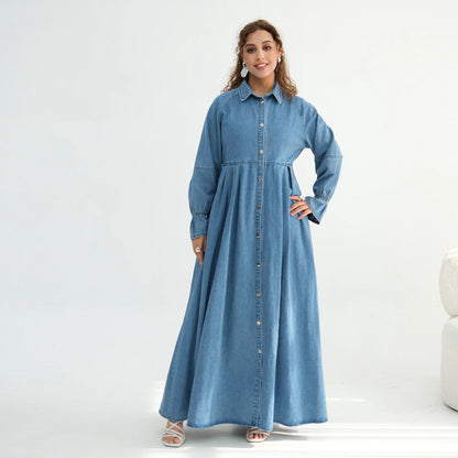 Women's Blue Denim Abaya Dress – Button-Front Modest Maxi Dress