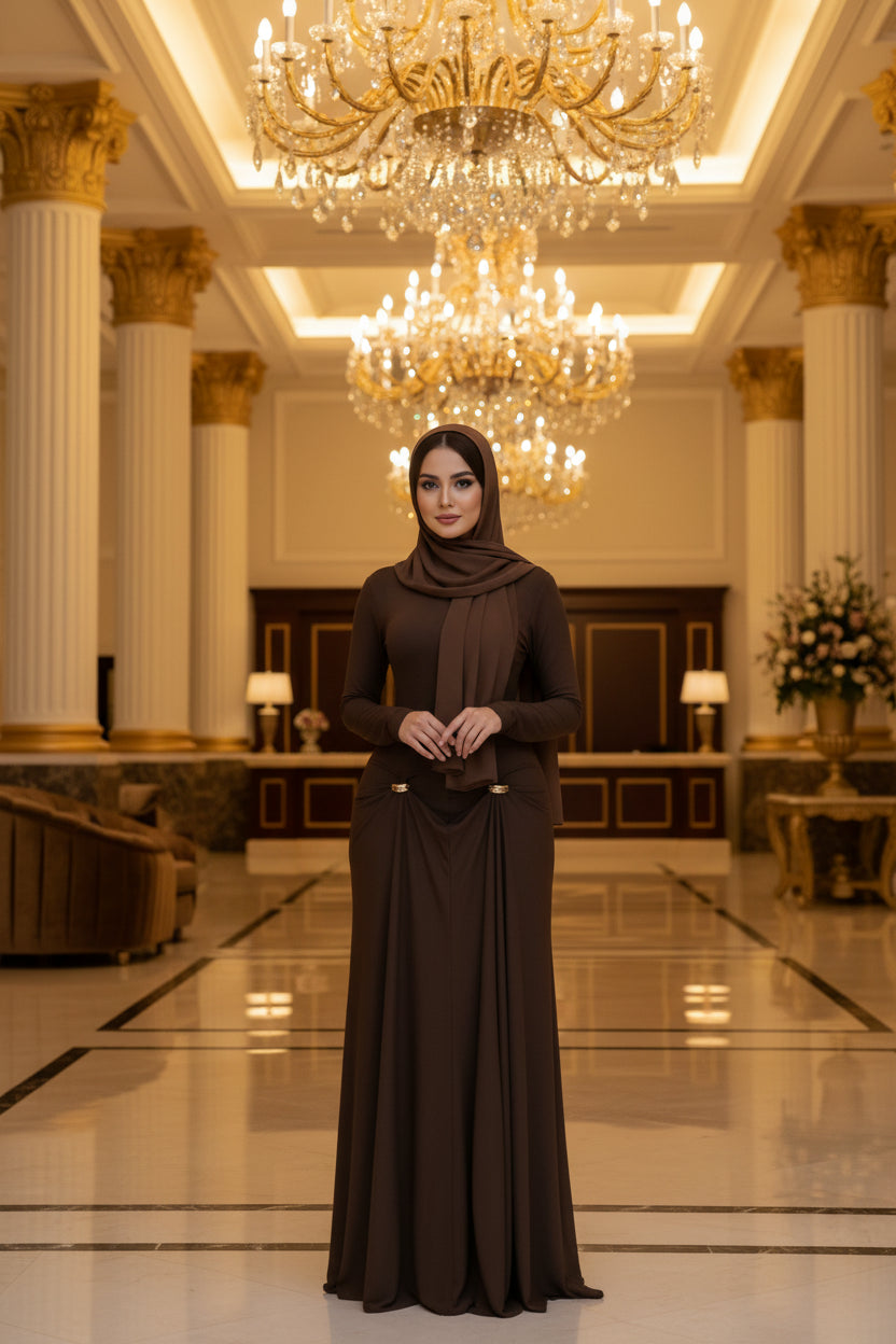 A woman wearing a long-sleeve, high-neck, floor-length brown dress with draped detailing at the waist, standing in a brightly lit indoor room.