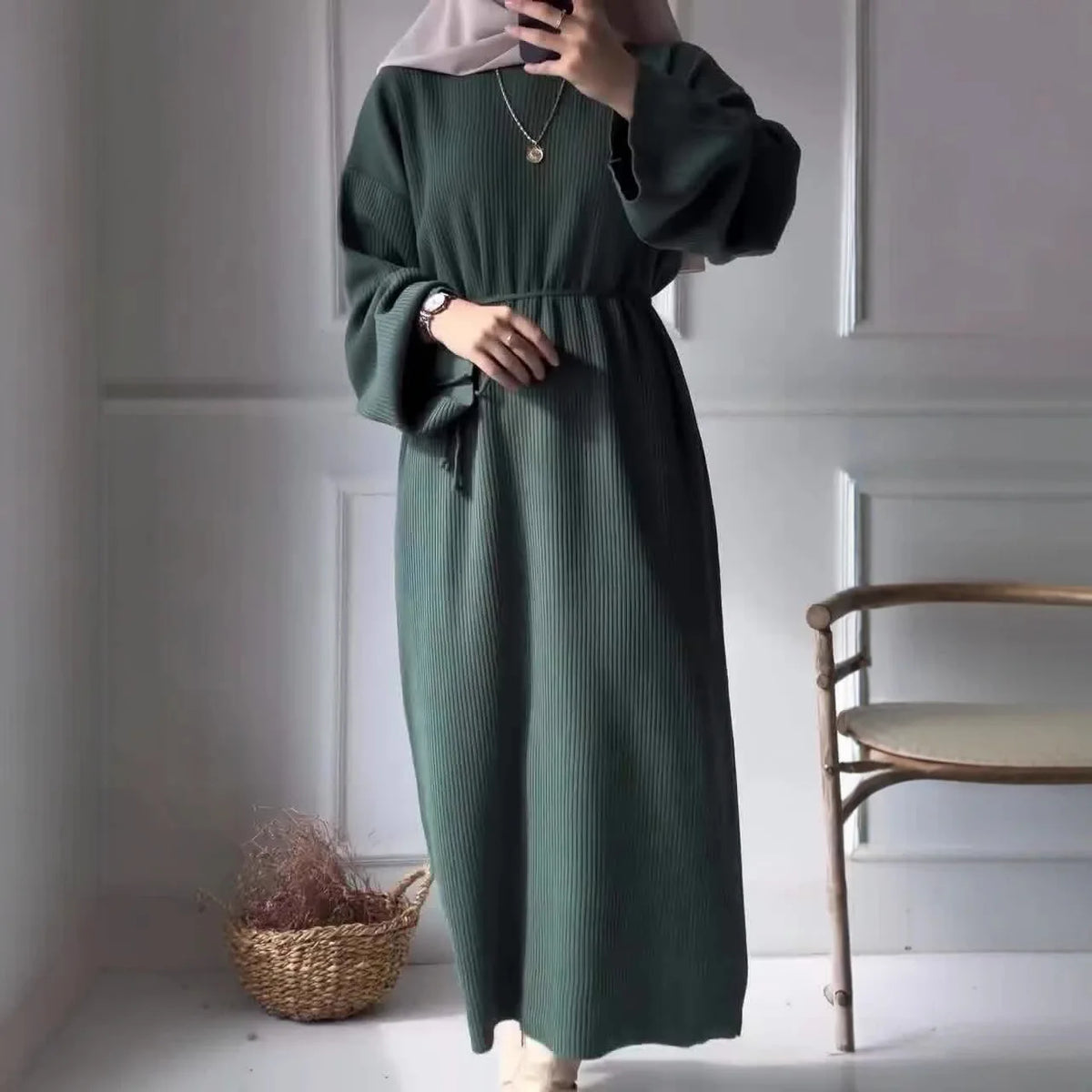 Women's Winter Ribbed Abaya Dress – Sage Green Modest Maxi Dress