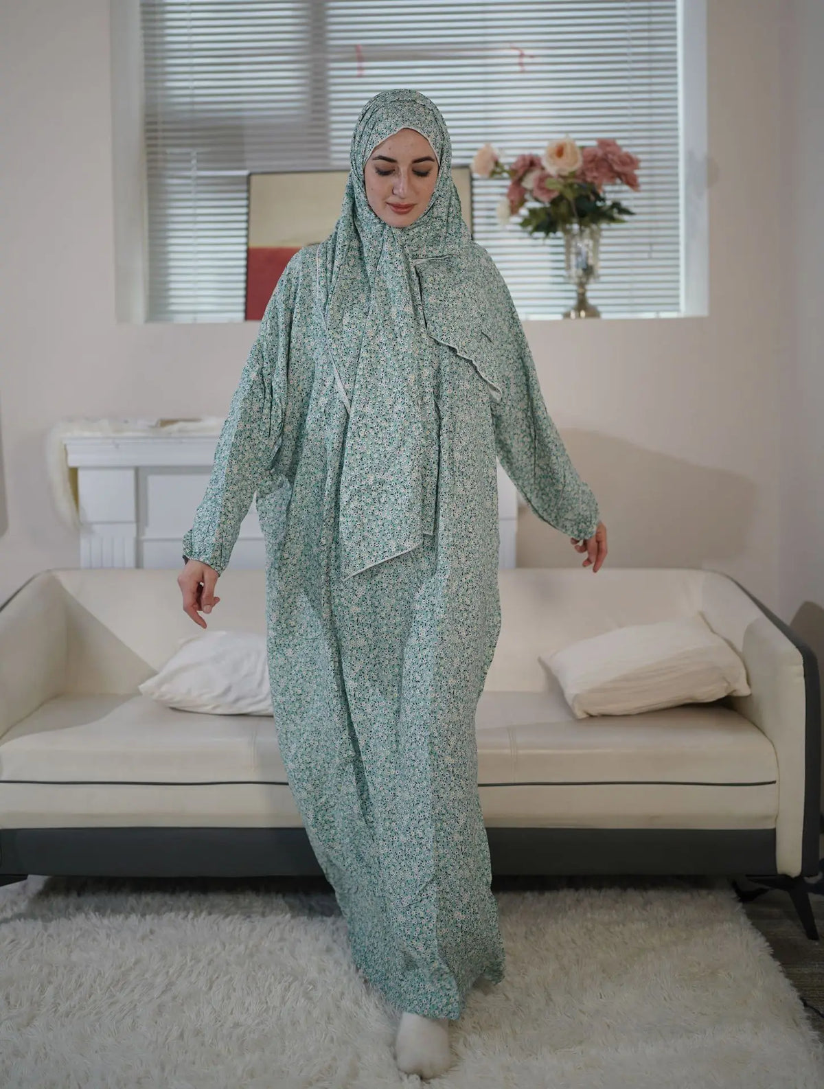 Sage Green Floral Prayer Abaya Set – Women's Muslim Prayer Dress