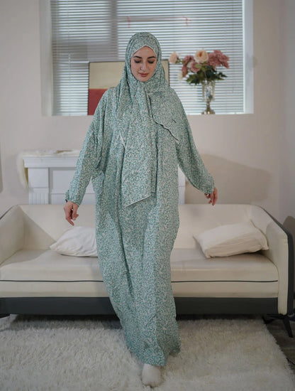 Sage Green Floral Prayer Abaya Set – Women's Muslim Prayer Dress