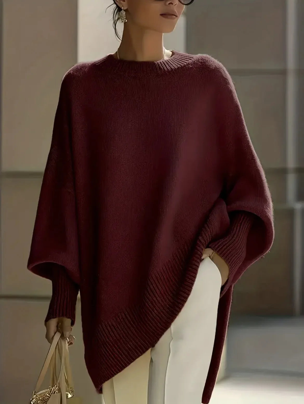 Women's Oversized Knit Sweater – Batwing Sleeve Loose Fit Pullover