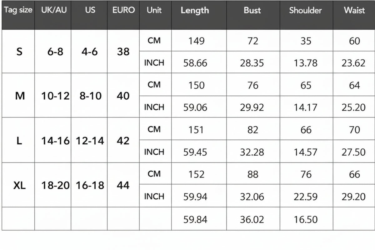 A size chart table showing clothing size information from S to XL, with columns for Tag size, UK/AU, US, EURO, Unit, Length in CM and INCH, Bust, Shoulder, Sleeve, and Waist.