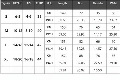 A size chart table showing clothing size information from S to XL, with columns for Tag size, UK/AU, US, EURO, Unit, Length in CM and INCH, Bust, Shoulder, Sleeve, and Waist.
