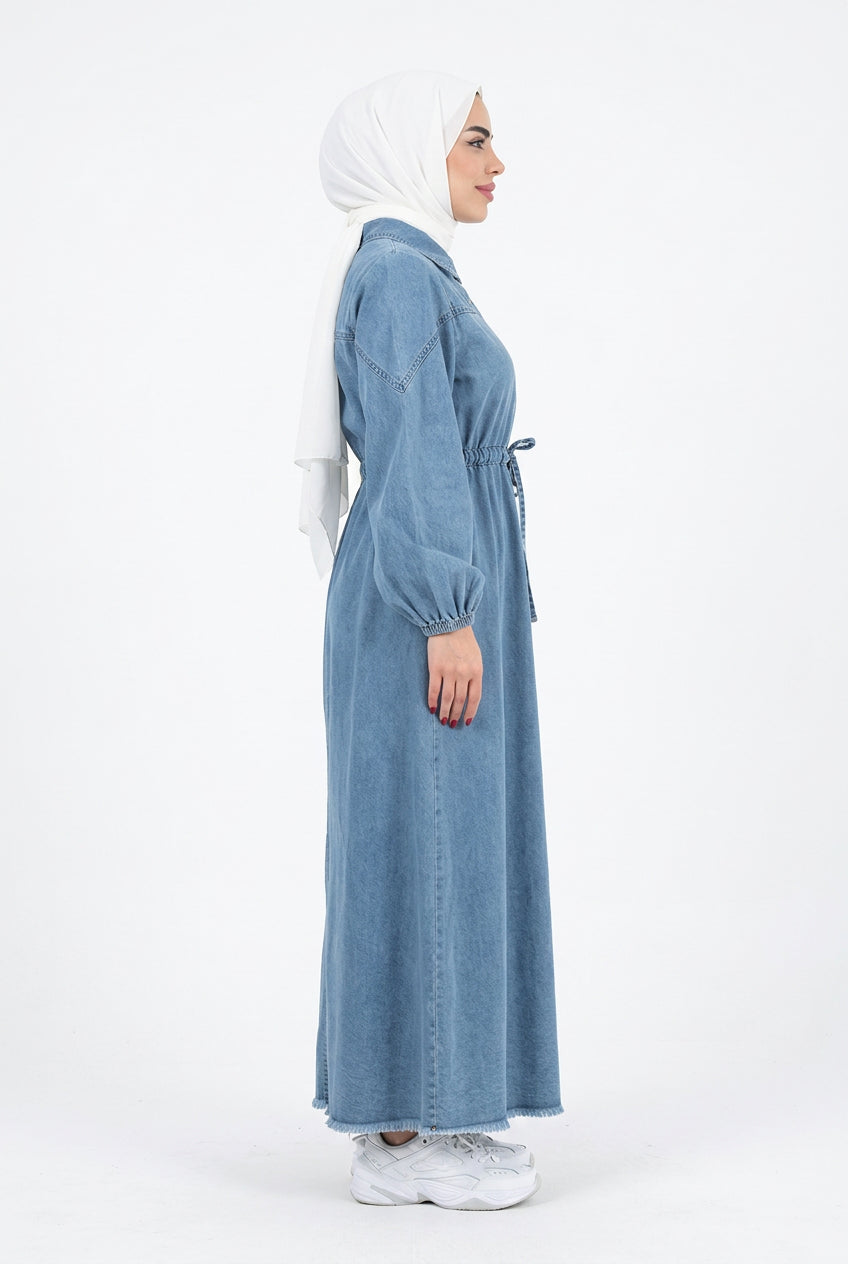Blue Denim Zipper Abaya Dress – Modest Islamic Maxi Dress