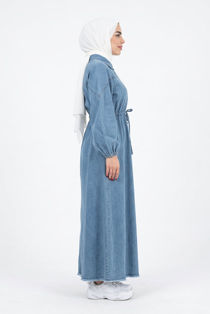 Blue Denim Zipper Abaya Dress – Modest Islamic Maxi Dress
