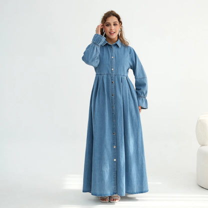 Women's Blue Denim Abaya Dress – Button-Front Modest Maxi Dress